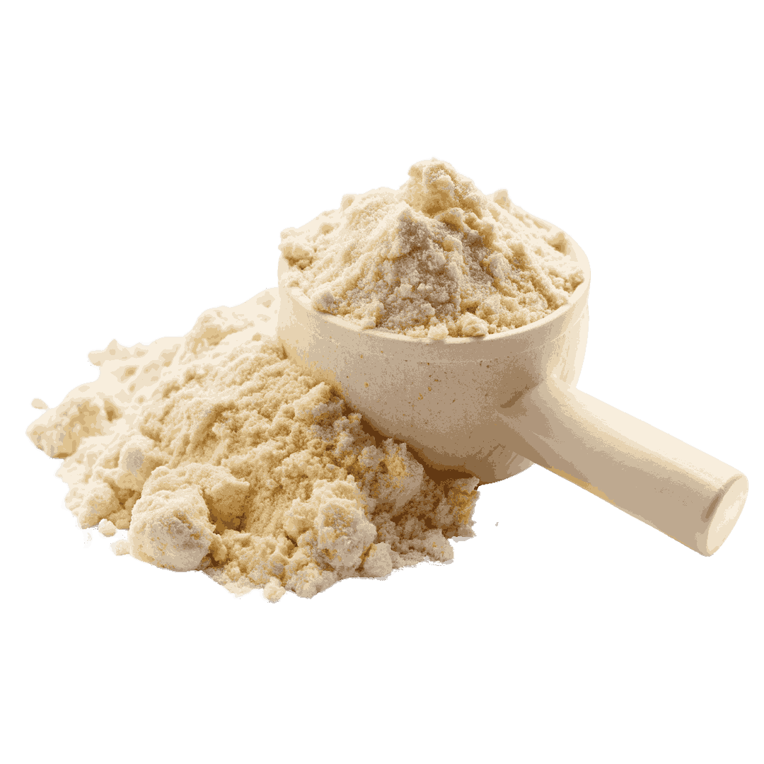 Measuring scoop tipped with health supplement powder on countertop